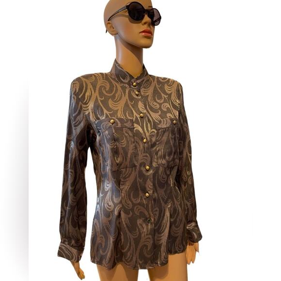 VTG Liz Claiborne black gold fitted long sleeve button down 90s 80s blouse sz 6 - Picture 1 of 11